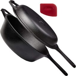 Cuisinel Cast Iron Skillet + Lid - 2-In-1 Multi Cooker - Deep Pot + Frying Pan - 3-Qt Dutch Oven - Pre-Seasoned Oven Cookware - Works for Bread, Indoor/Outdoor, Grill, Stovetop and Induction